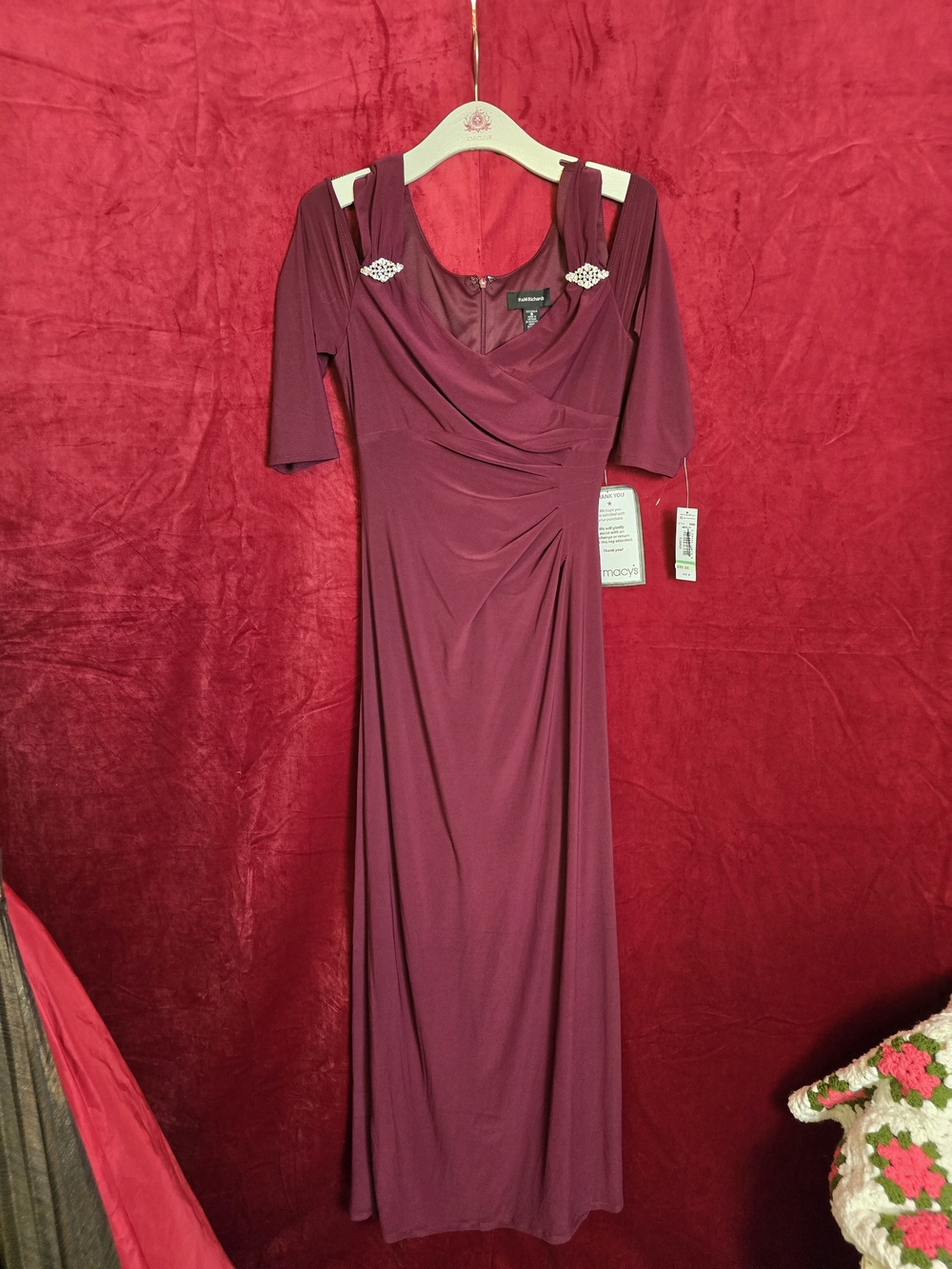 R & M Richards Burgundy Cold-Shoulder Maxi Dress with Jewel Accents - Picture 2 of 7